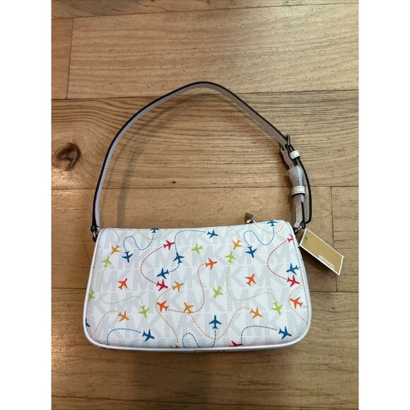 NWT MICHAEL KORS JET SET WHITE EAST WEST AIRPLANE PRINT POUCHETTE BAG - Picture 1 of 7